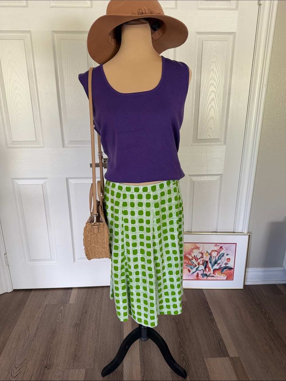 Vintage Y2K Geometric Midi Skirt in Green Square Print